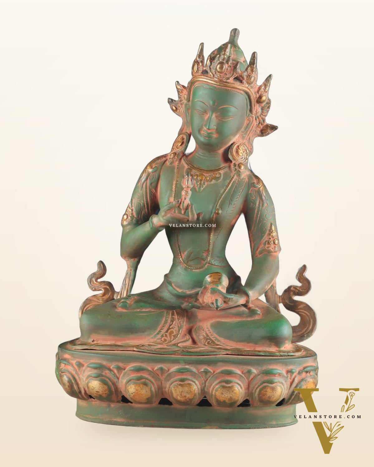 Vajrasattva, The Primordial Buddha – Antique Patina Brass Statue, 16"