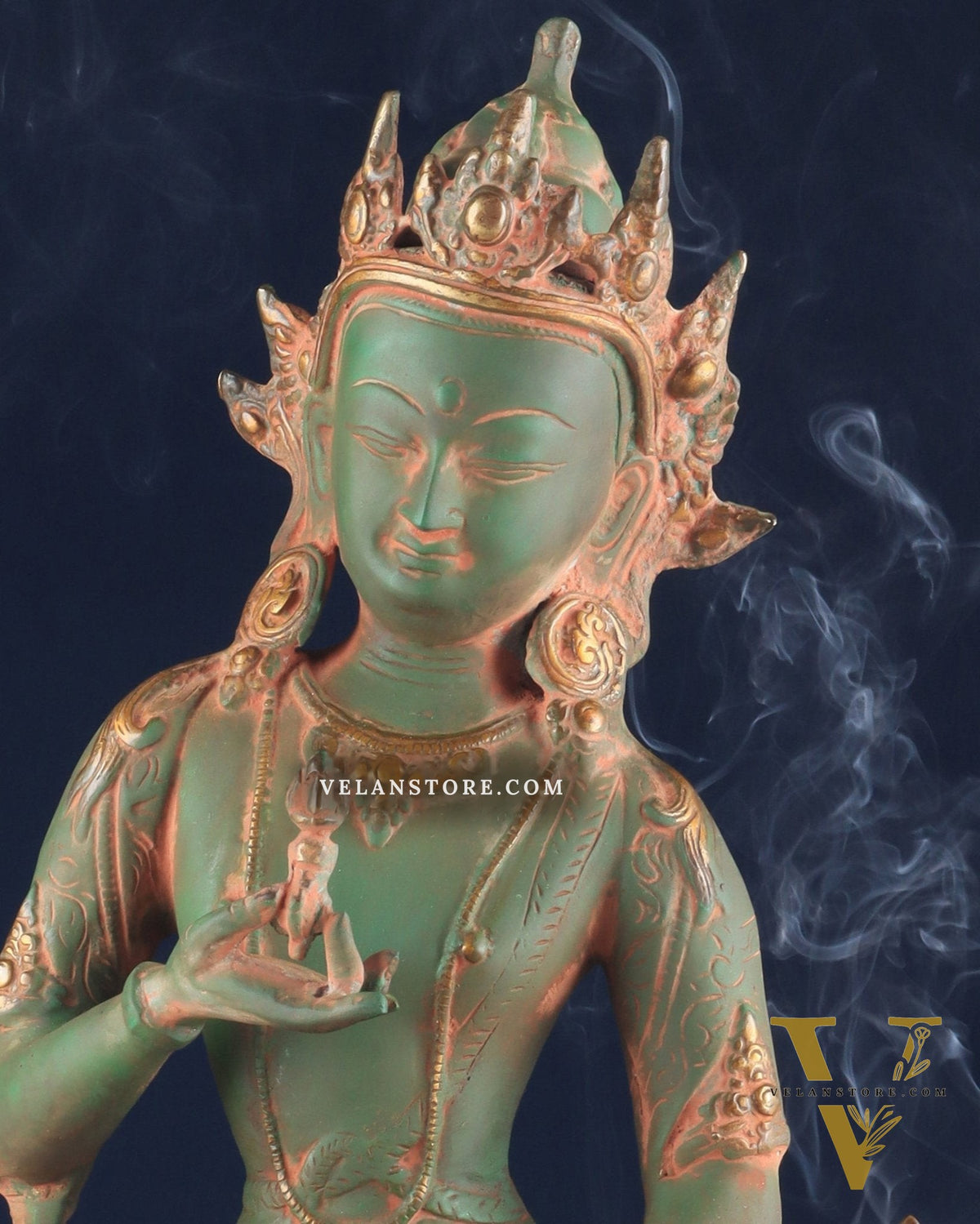Vajrasattva, The Primordial Buddha – Antique Patina Brass Statue, 16"