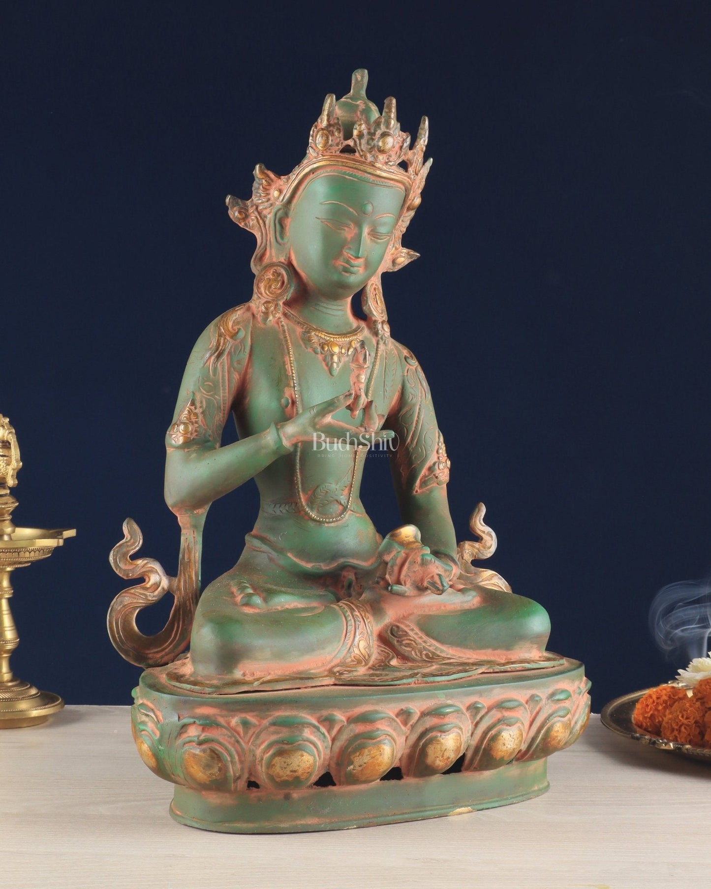 Vajrasattva, The Primordial Buddha – Antique Patina Brass Statue, 16"
