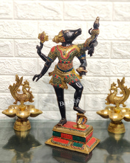 Varaha with Bhooma Devi Brass Statue 17 inch Black Gold with stonework