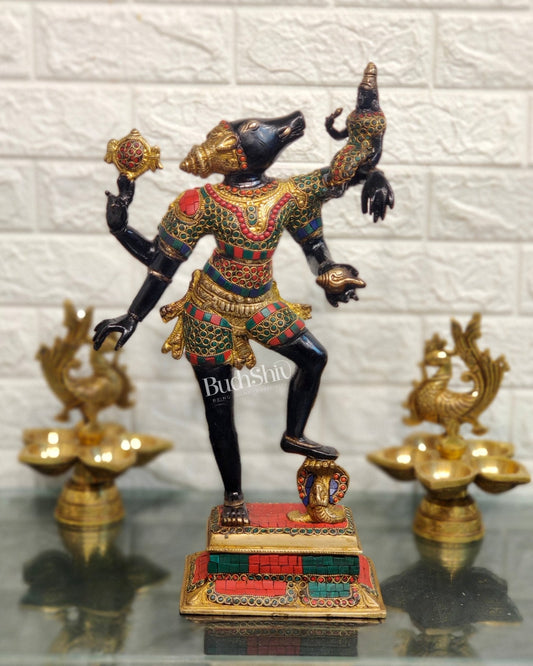 Varaha with Bhooma Devi Brass Statue 17 inch Black Gold with stonework