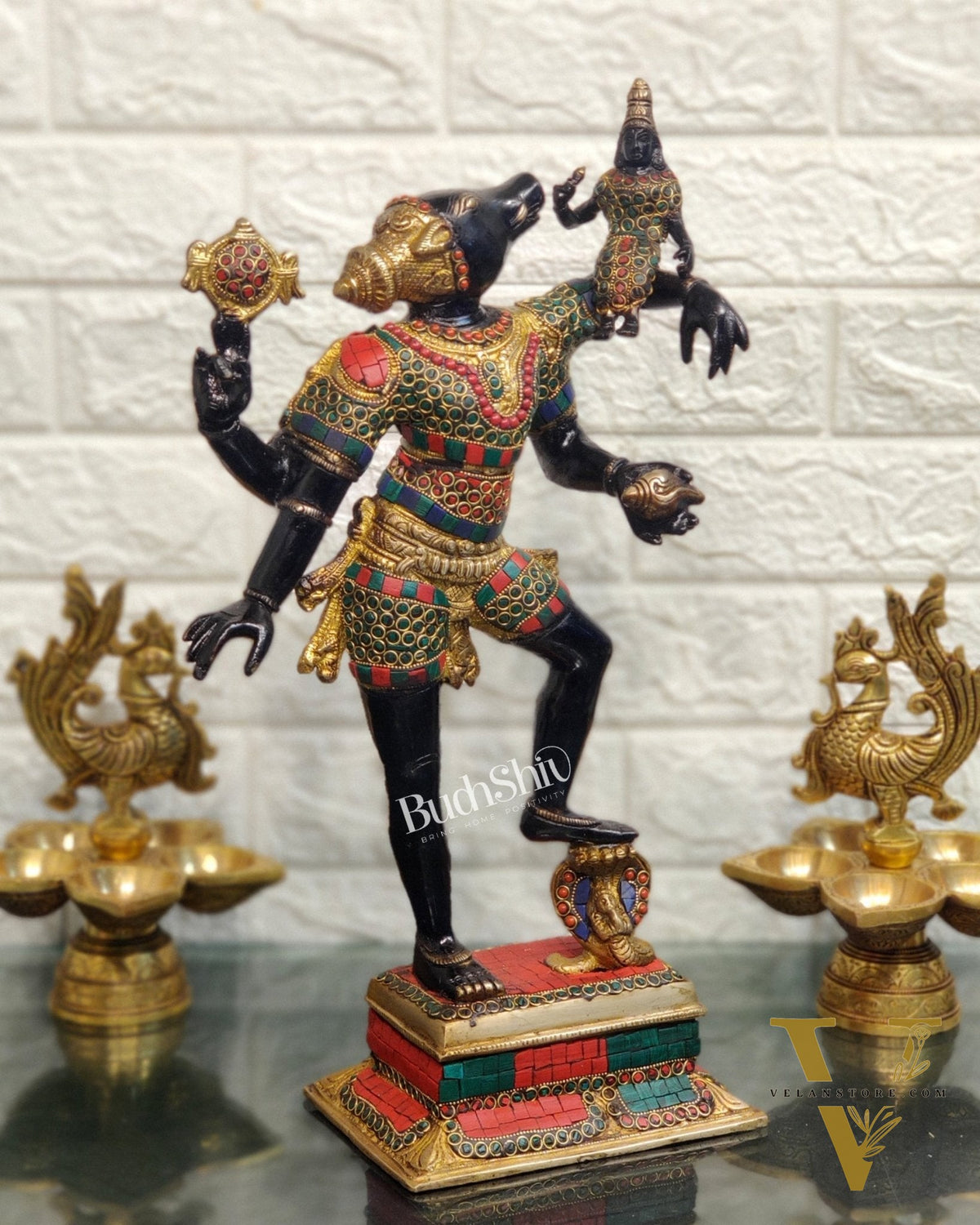 Varaha with Bhooma Devi Brass Statue 17 inch Black Gold with stonework