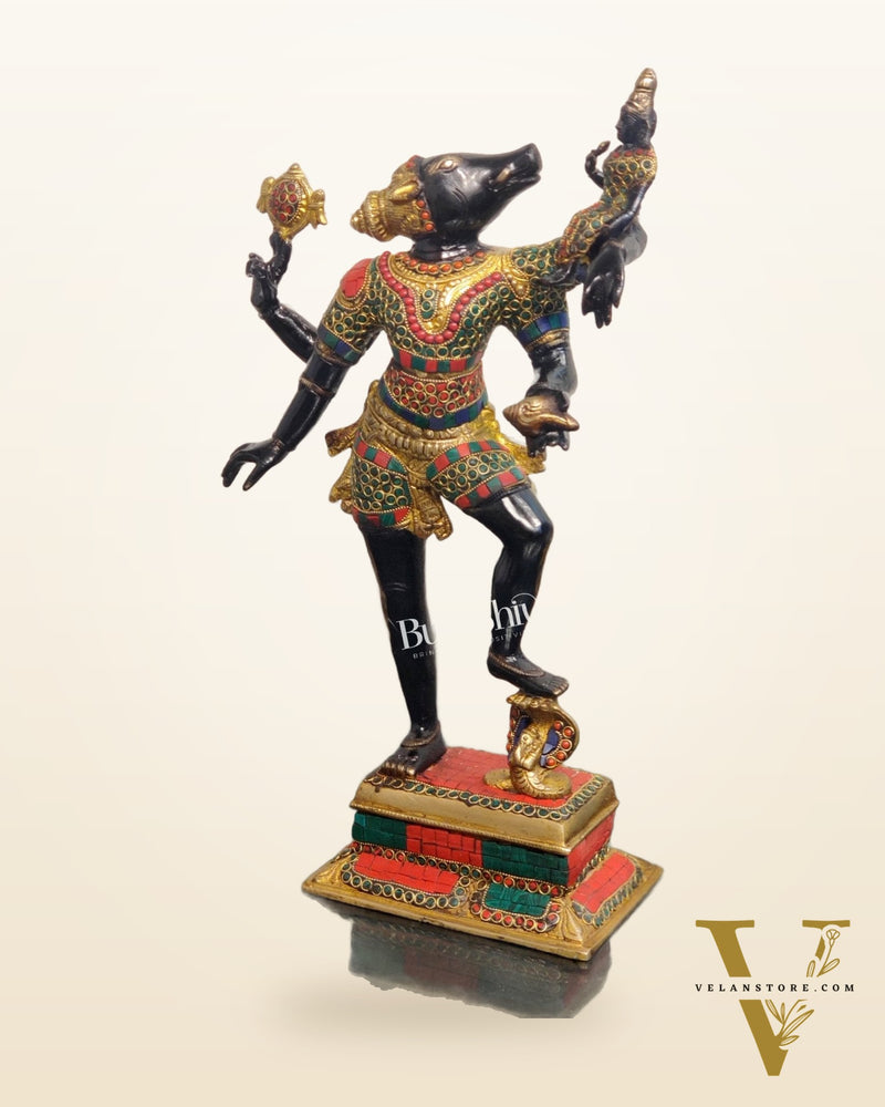 Varaha with Bhooma Devi Brass Statue 17 inch Black Gold with stonework
