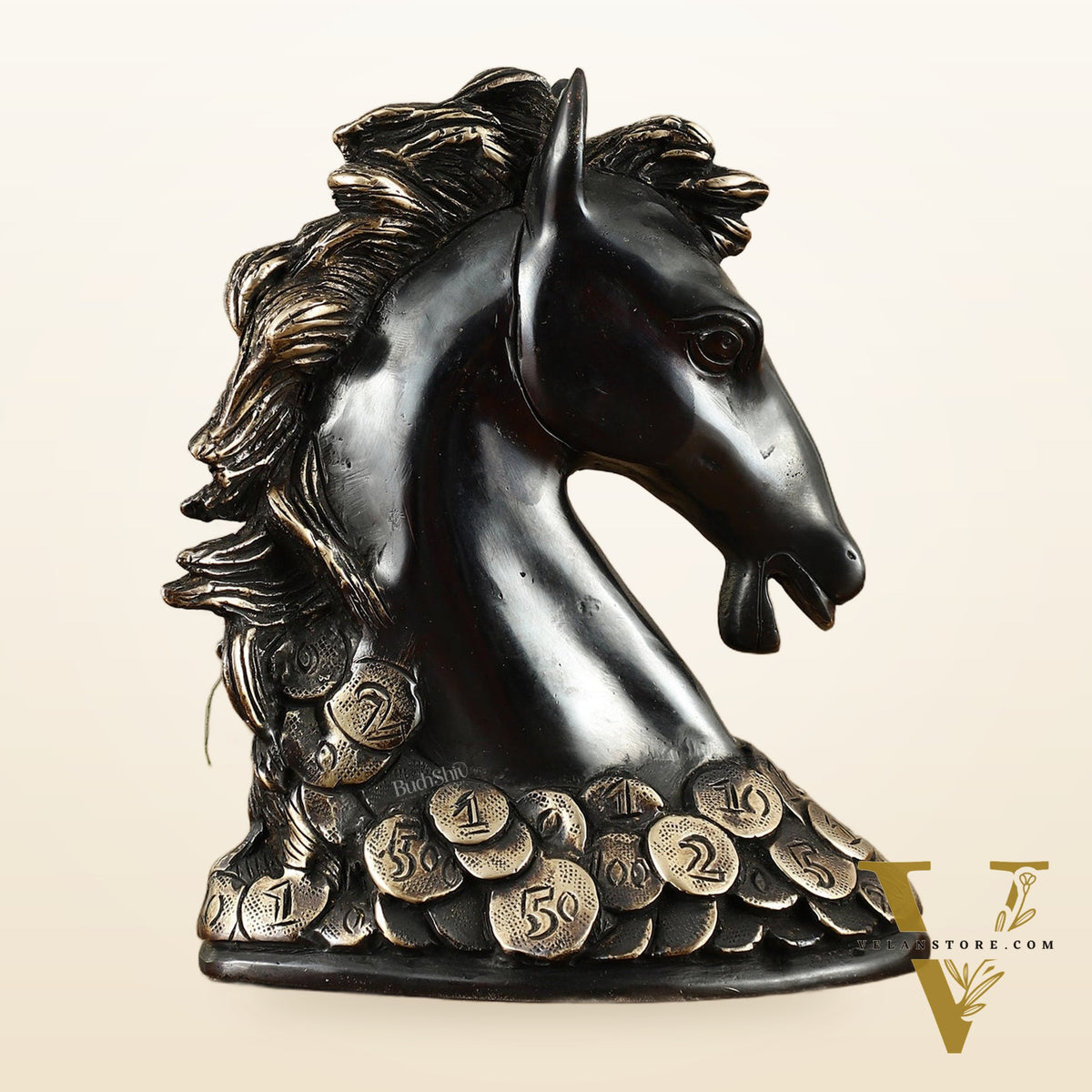 Vastu Feng Shui Lucky Black Horse Head with Coins Brass Showpiece | 7"