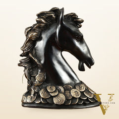 Vastu Feng Shui Lucky Black Horse Head with Coins Brass Showpiece | 7"