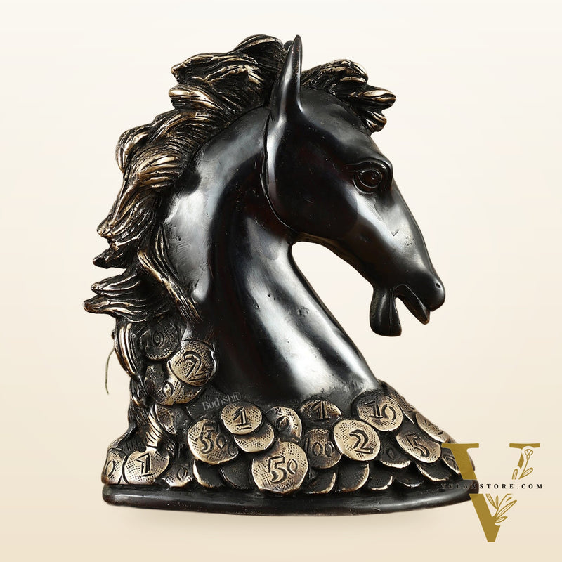 Vastu Feng Shui Lucky Black Horse Head with Coins Brass Showpiece | 7"