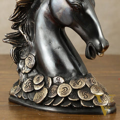 Vastu Feng Shui Lucky Black Horse Head with Coins Brass Showpiece | 7"