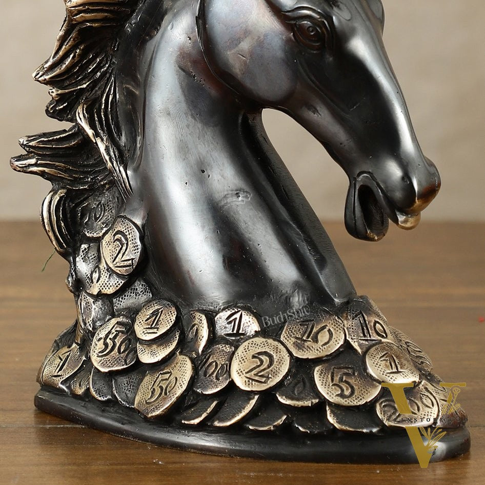 Vastu Feng Shui Lucky Black Horse Head with Coins Brass Showpiece | 7"