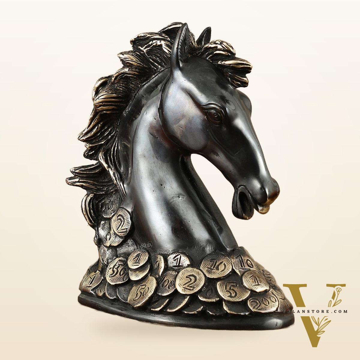 Vastu Feng Shui Lucky Black Horse Head with Coins Brass Showpiece | 7"