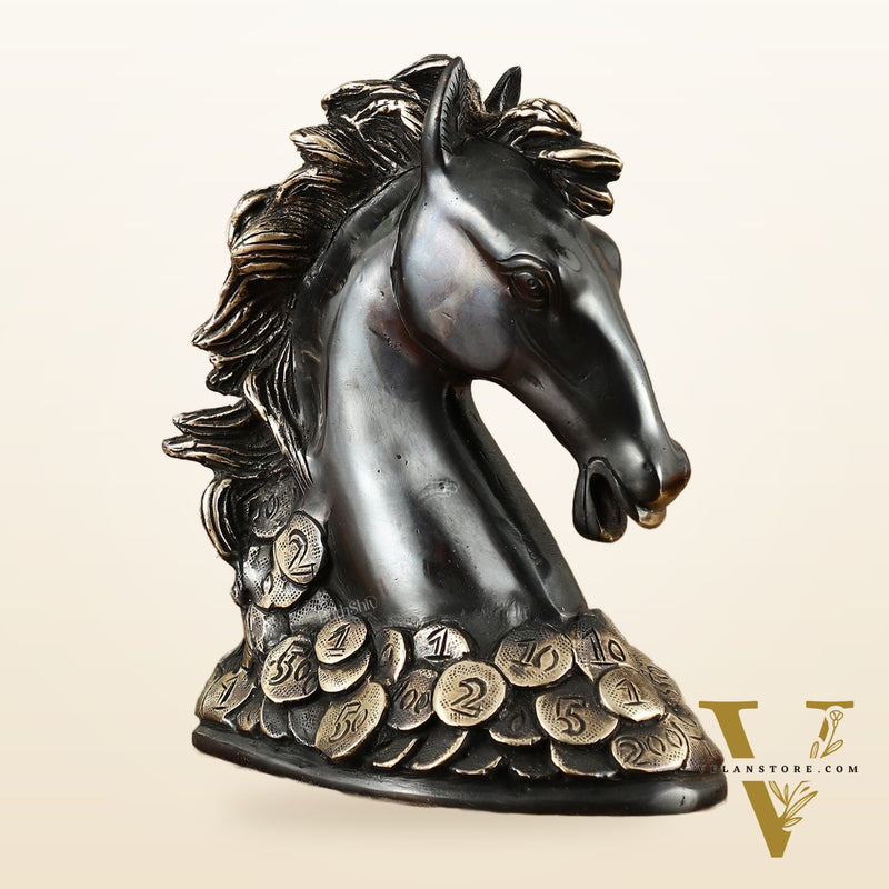 Vastu Feng Shui Lucky Black Horse Head with Coins Brass Showpiece | 7"