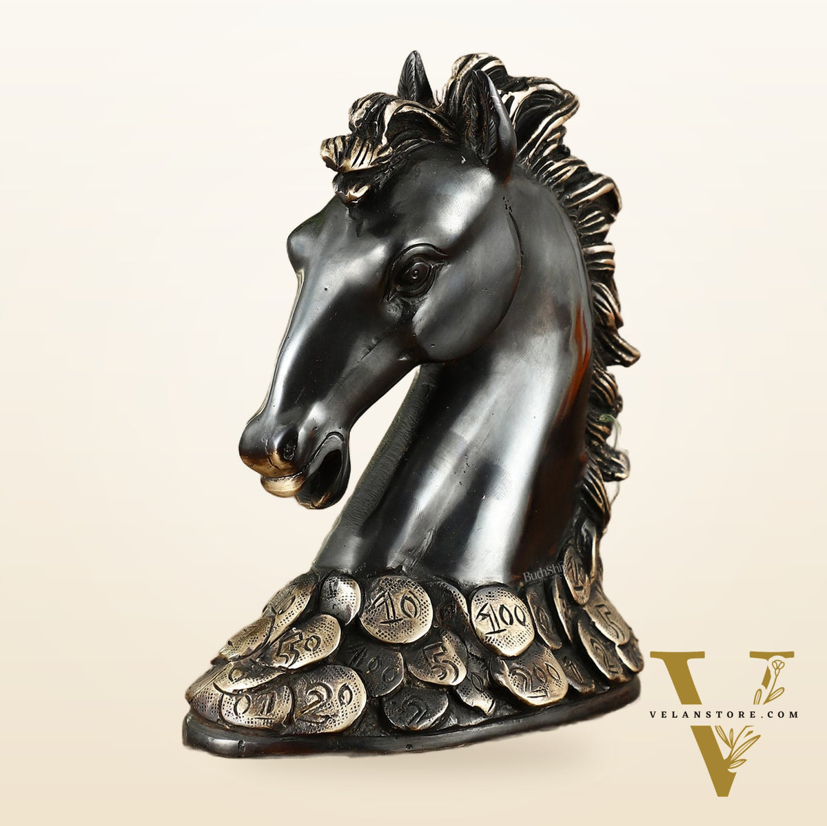Vastu Feng Shui Lucky Black Horse Head with Coins Brass Showpiece | 7"