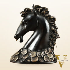 Vastu Feng Shui Lucky Black Horse Head with Coins Brass Showpiece | 7"
