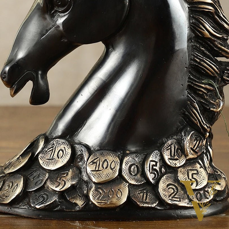 Vastu Feng Shui Lucky Black Horse Head with Coins Brass Showpiece | 7"