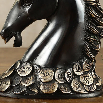 Vastu Feng Shui Lucky Black Horse Head with Coins Brass Showpiece | 7"