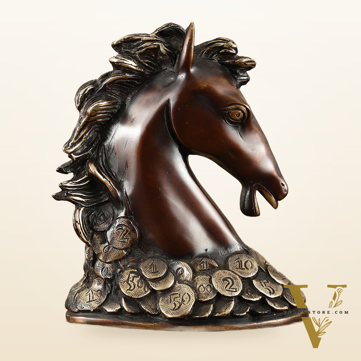 Vastu Feng Shui Lucky Brown Horse Head with Coins Brass Showpiece | 7"