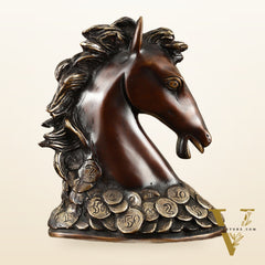 Vastu Feng Shui Lucky Brown Horse Head with Coins Brass Showpiece | 7"