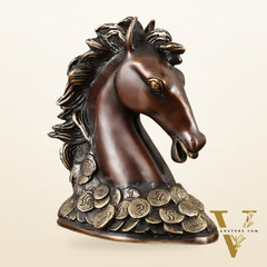 Vastu Feng Shui Lucky Brown Horse Head with Coins Brass Showpiece | 7"