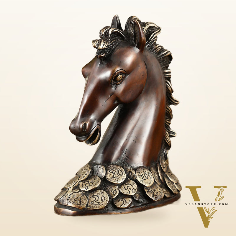 Vastu Feng Shui Lucky Brown Horse Head with Coins Brass Showpiece | 7"