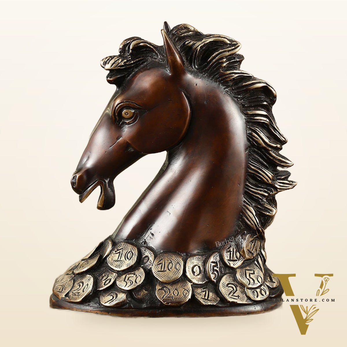 Vastu Feng Shui Lucky Brown Horse Head with Coins Brass Showpiece | 7"