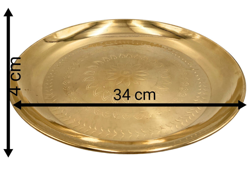 Handcrafted Brass Pooja Thali, Traditional Peetal Aarti Plate, Temple Pittal Puja Thambalam, Hitale Pitala Worship Thali, Gold, 13.39 Inch, 1 Piece