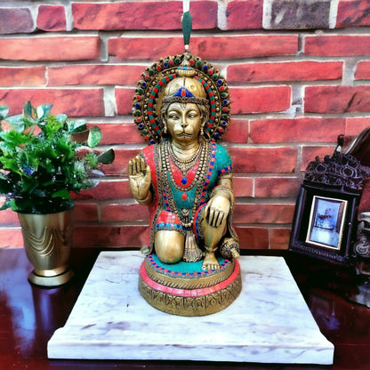 Veer Hanuman Brass Statue | Kneeling Aashirwaad Mudra | 19.5 inch