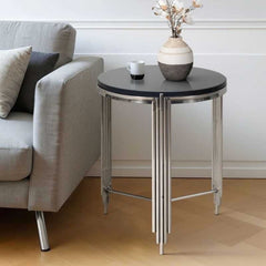 Velvet Arc Side Table | Black Marble Top With Chrome Base | Designer Half-Moon Accent Table