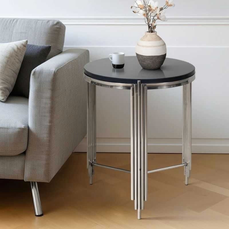 Velvet Arc Side Table | Black Marble Top With Chrome Base | Designer Half-Moon Accent Table