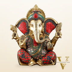 Vibrant Brass Lord Ganesha Statue with Meenakari Stonework and Big Ears - 10"