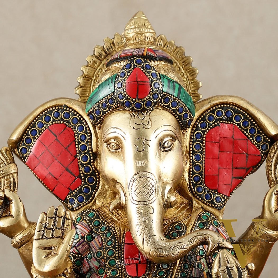 Vibrant Brass Lord Ganesha Statue with Meenakari Stonework and Big Ears - 10"