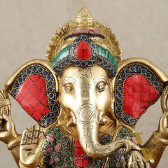 Vibrant Brass Lord Ganesha Statue with Meenakari Stonework and Big Ears - 10"