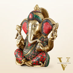 Vibrant Brass Lord Ganesha Statue with Meenakari Stonework and Big Ears - 10"