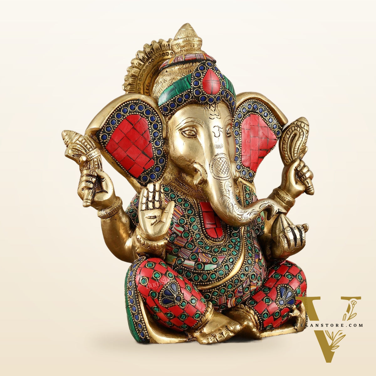 Vibrant Brass Lord Ganesha Statue with Meenakari Stonework and Big Ears - 10"