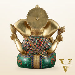 Vibrant Brass Lord Ganesha Statue with Meenakari Stonework and Big Ears - 10"