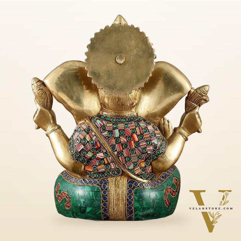 Vibrant Brass Lord Ganesha Statue with Meenakari Stonework and Big Ears - 10"