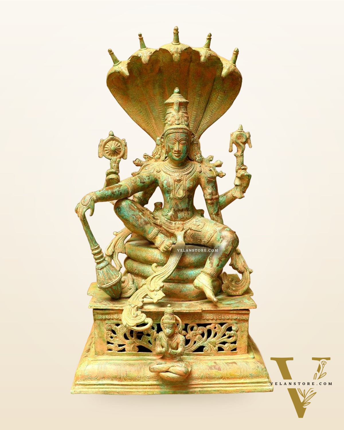 Vintage Antique Green Patina Brass Lord Vishnu Shri Hari Narayanan Statue | 29 Inch Height | 35 KG