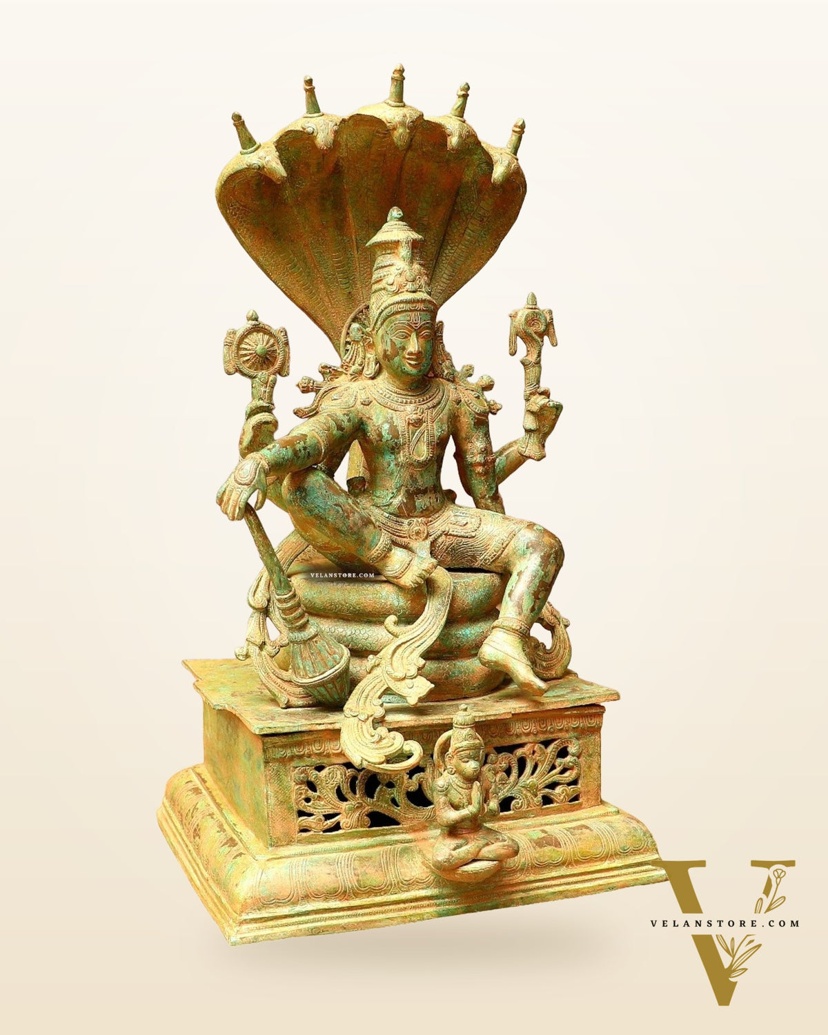 Vintage Antique Green Patina Brass Lord Vishnu Shri Hari Narayanan Statue | 29 Inch Height | 35 KG