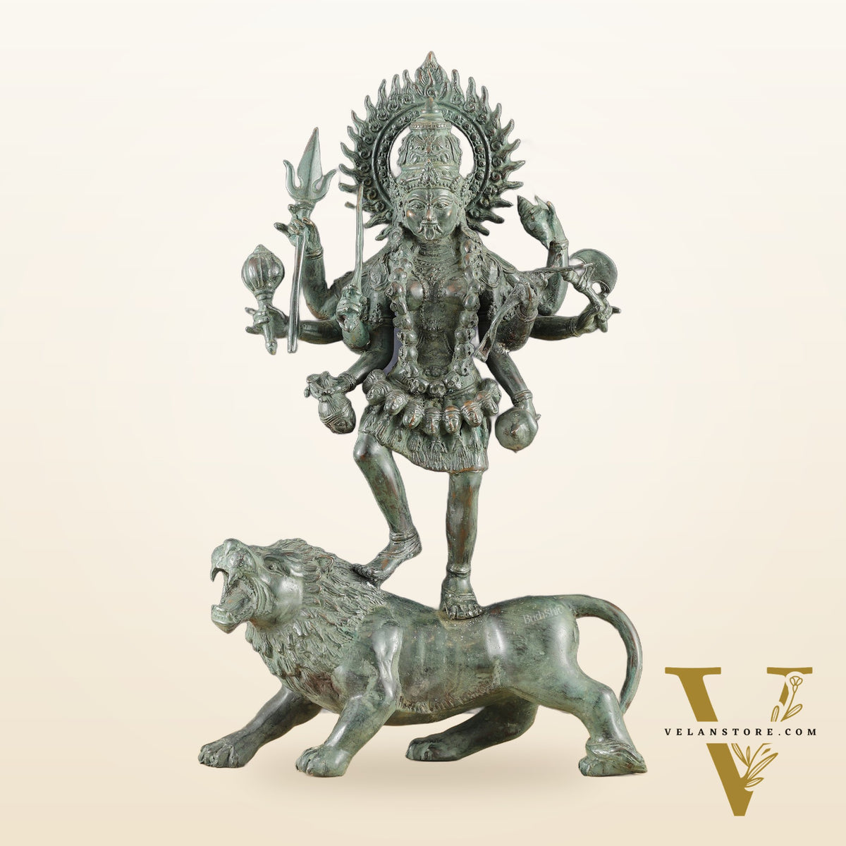 Vintage Balinese Bronze Durga Ma kali Standing on Lion Sculpture – 18.5" Height, Lost Wax Casting