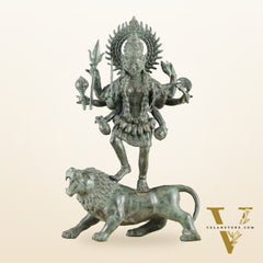 Vintage Balinese Bronze Durga Ma kali Standing on Lion Sculpture – 18.5" Height, Lost Wax Casting