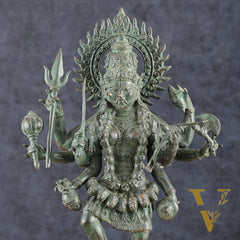 Vintage Balinese Bronze Durga Ma kali Standing on Lion Sculpture – 18.5" Height, Lost Wax Casting