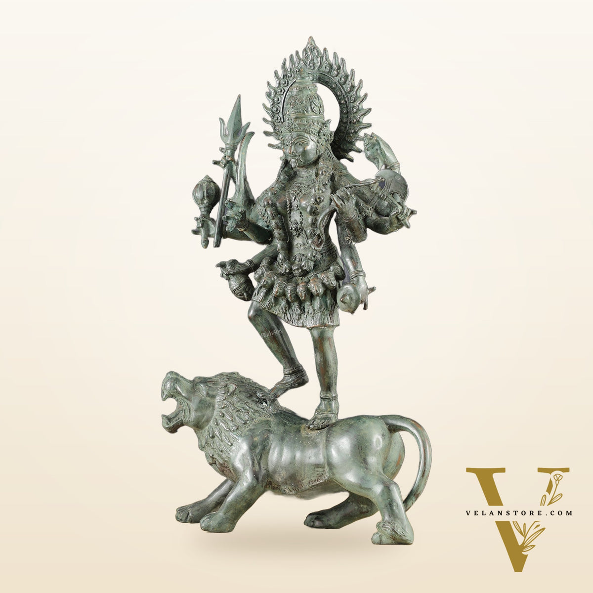 Vintage Balinese Bronze Durga Ma kali Standing on Lion Sculpture – 18.5" Height, Lost Wax Casting