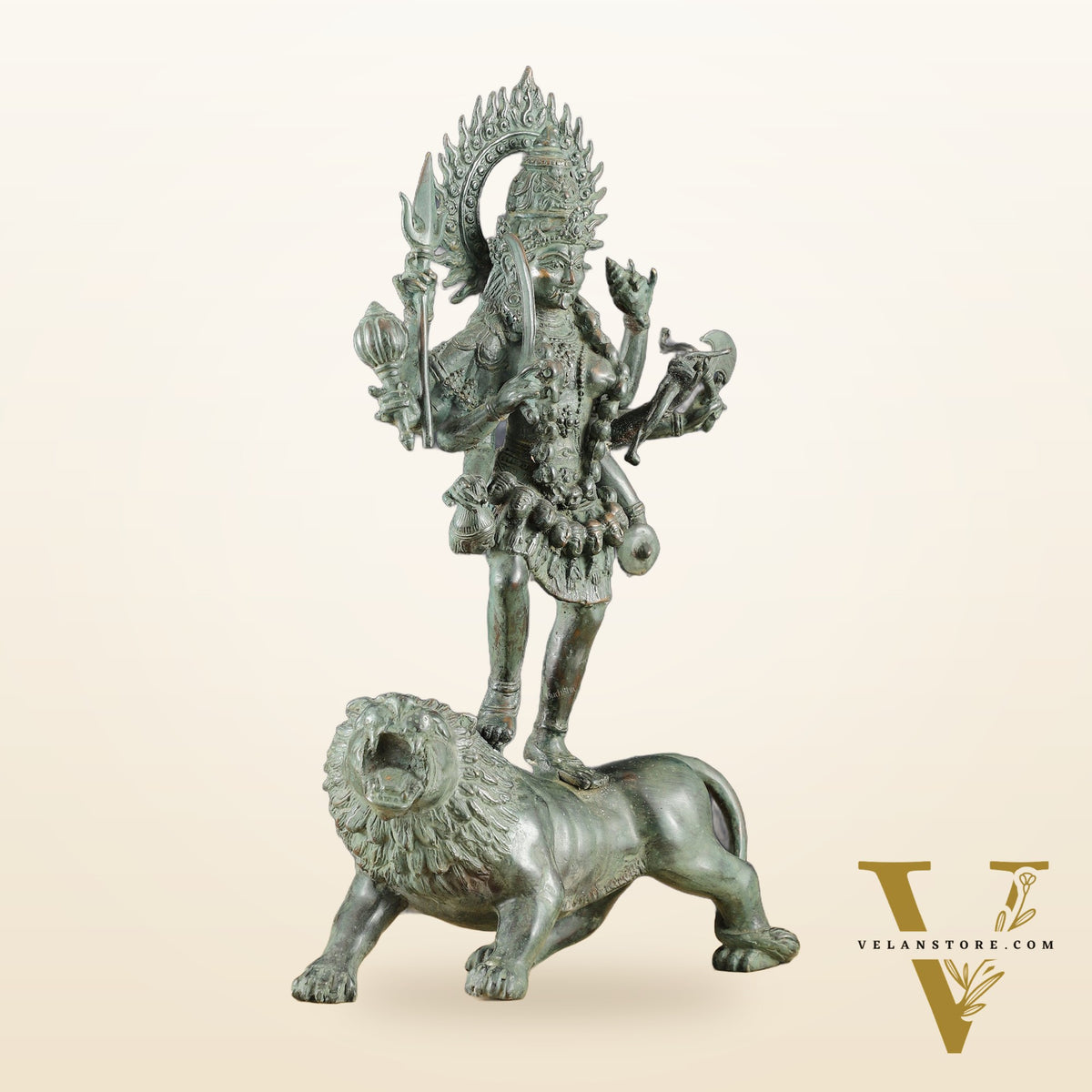Vintage Balinese Bronze Durga Ma kali Standing on Lion Sculpture – 18.5" Height, Lost Wax Casting