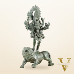 Vintage Balinese Bronze Durga Ma kali Standing on Lion Sculpture – 18.5" Height, Lost Wax Casting
