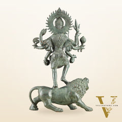 Vintage Balinese Bronze Durga Ma kali Standing on Lion Sculpture – 18.5" Height, Lost Wax Casting