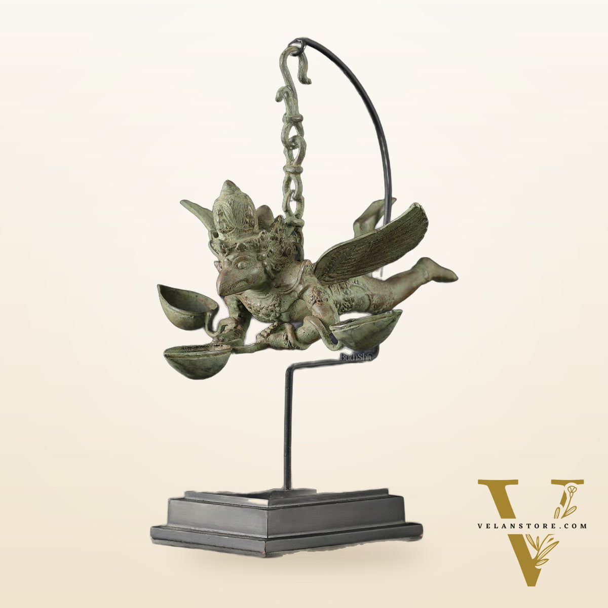 Vintage Balinese Bronze Flying Garuda Oil Lamp with Wooden Base – 14.5" Height