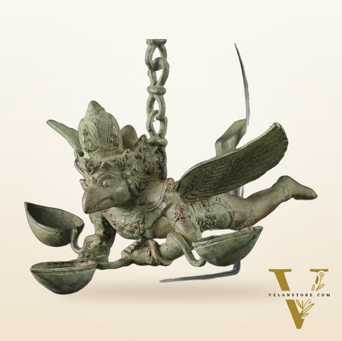 Vintage Balinese Bronze Flying Garuda Oil Lamp with Wooden Base – 14.5" Height