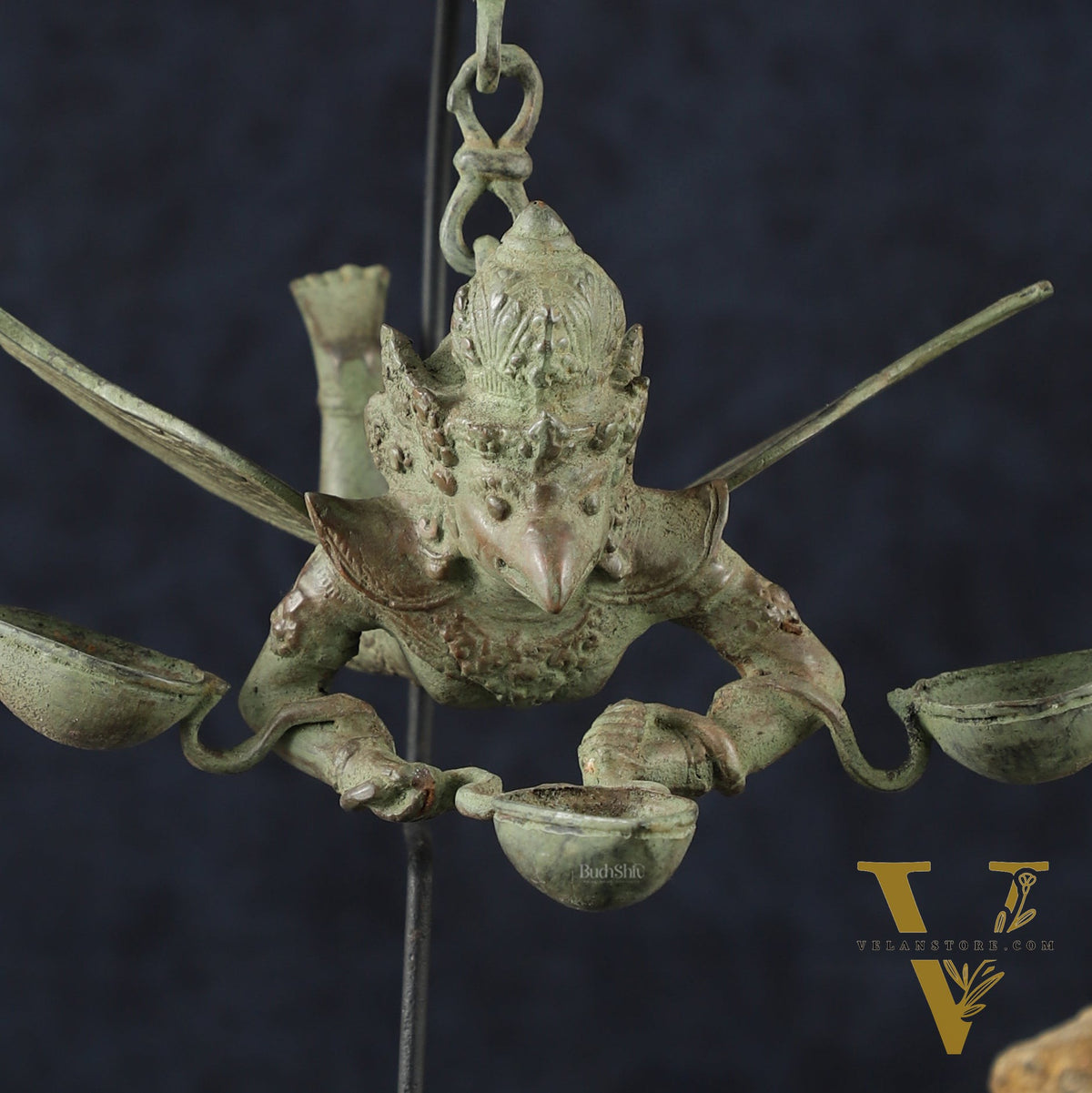 Vintage Balinese Bronze Flying Garuda Oil Lamp with Wooden Base – 14.5" Height