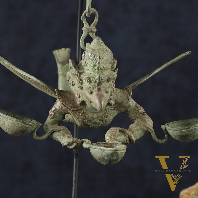 Vintage Balinese Bronze Flying Garuda Oil Lamp with Wooden Base – 14.5" Height