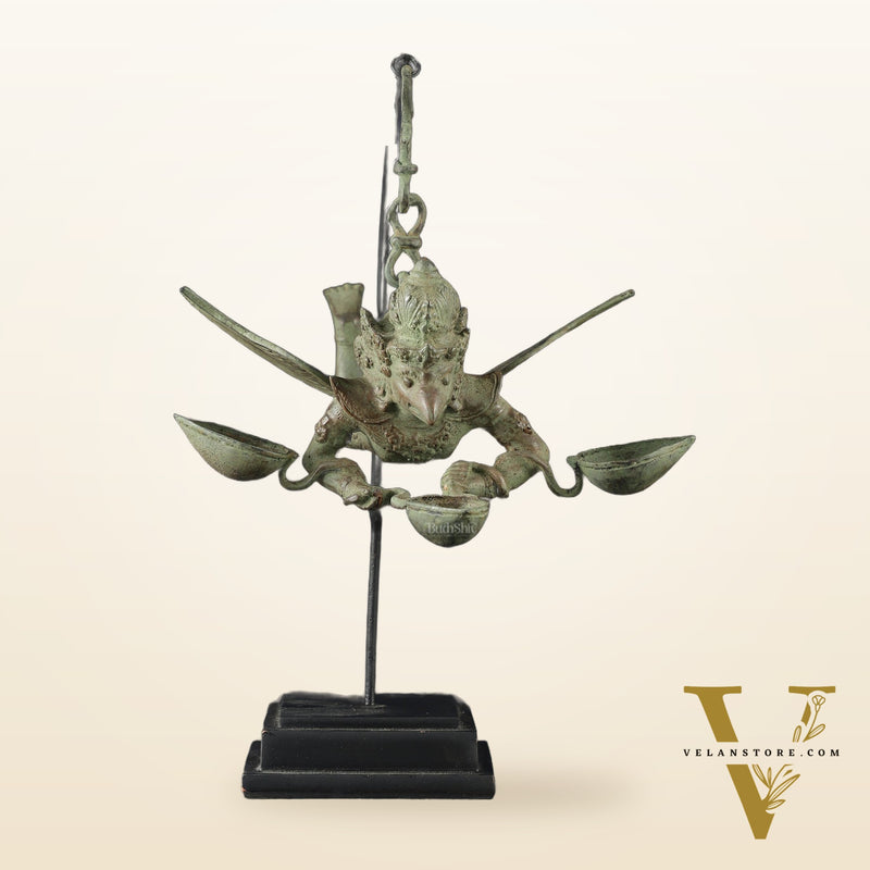 Vintage Balinese Bronze Flying Garuda Oil Lamp with Wooden Base – 14.5" Height