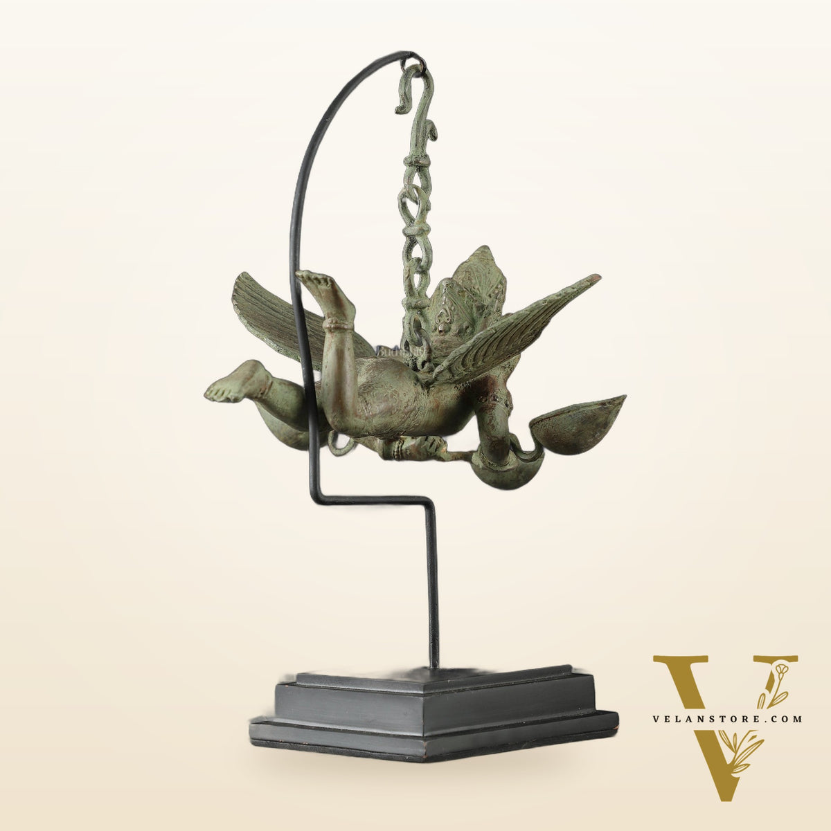 Vintage Balinese Bronze Flying Garuda Oil Lamp with Wooden Base – 14.5" Height