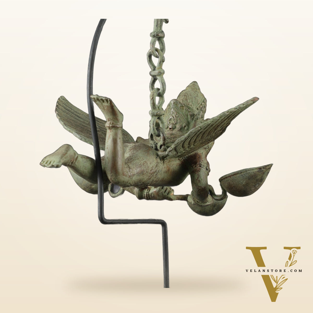 Vintage Balinese Bronze Flying Garuda Oil Lamp with Wooden Base – 14.5" Height